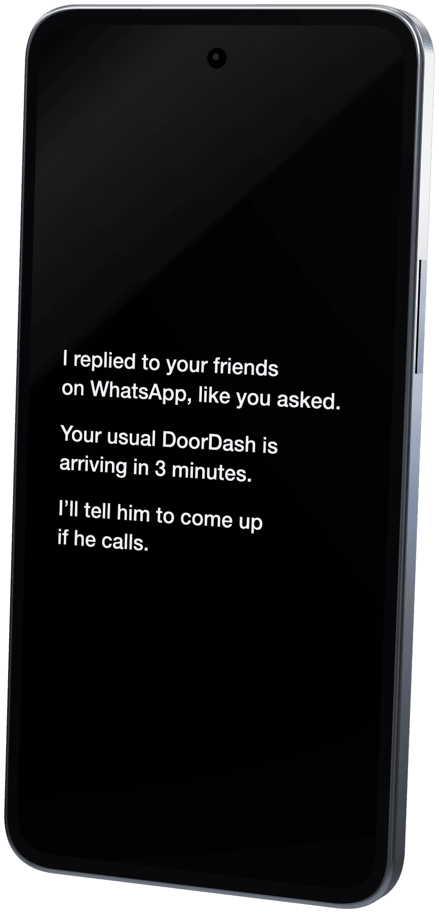 Cyclon phone, front view, standing on light paper and showing an assistant message on its screen.